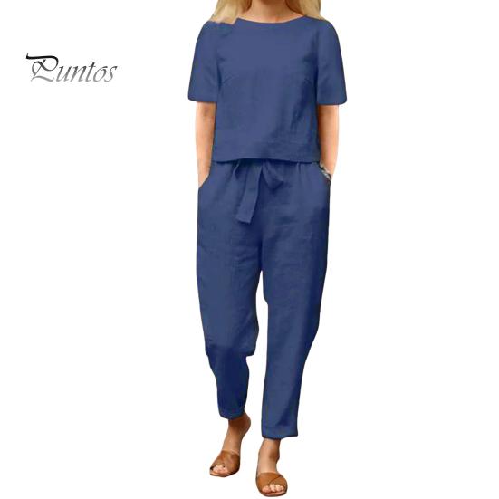 

2 шт./компл., женский топ и брюки, комплект с круглым вырезом, сплошной цвет, футболка с короткими рукавами, регулируемая талия на шнуровке, широкие брюки, повседневная футболка, комплект брюк L темно-синий