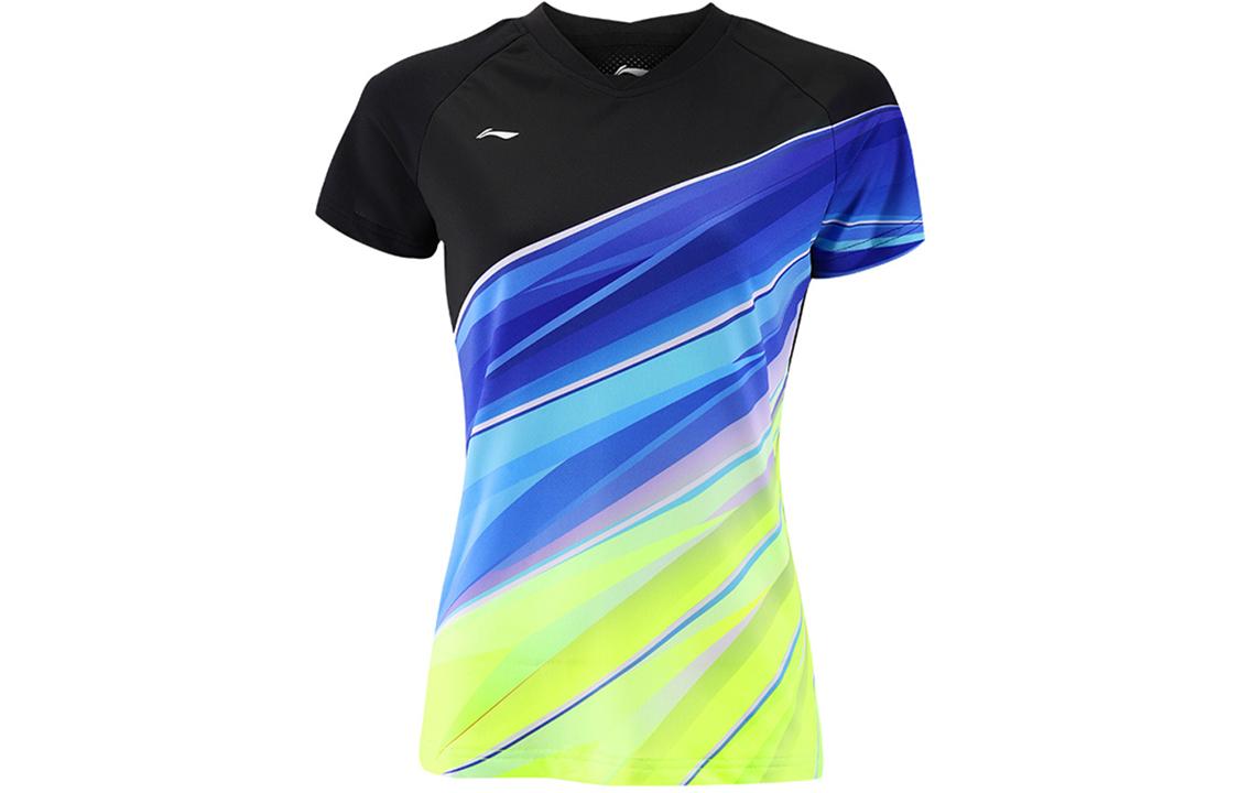 Li Ning Badminton Collection T Shirts Women s Black V Neck Moderate Straight Fit AAYQ072-3 L