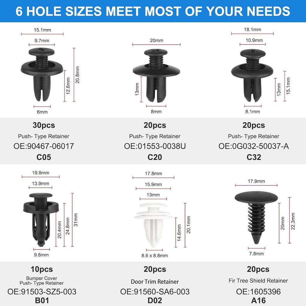 120PCS Car Clips & Plastic Rivets - 6 Popular Sizes, Fits Bumpers, Fenders & Most Car Models, Ideal For Body Fixing & Replacement