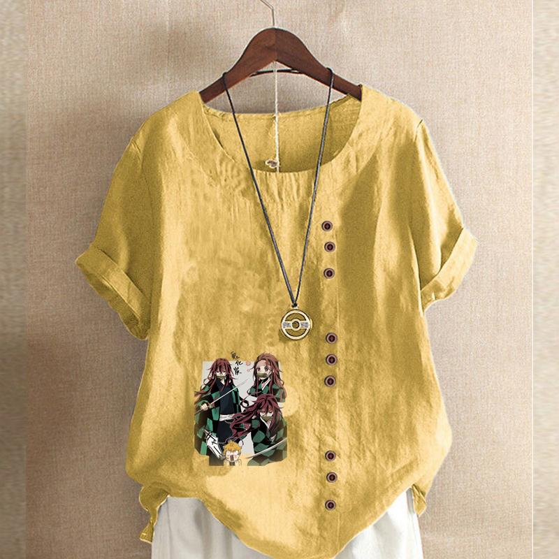 Damnytt mode linneskjorta rund hals kortärmad tecknade figurer tryckt t-shirt sommar damer vardaglig plusstorlek blus toppar