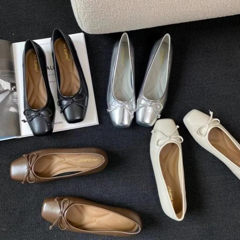 Bowtie Flat Shoes Women Ballerinas Square Toe Slip On Ballet Flats Lazy Loafers Ladies Casual Comfort Shoes 2025