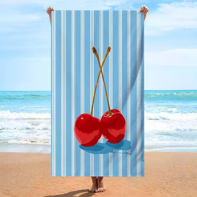 Süßes Kirschmuster Strandtuch Blau Weiß Diagonal gestreiftes Badetuch Schnelltrocknend Saugfähig Sandfreies Handtuch für Erwachsene Strandnutzung