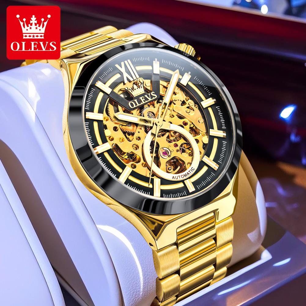 OLEVS 6722 Business Skeleton Automatic Mechanical Watches Man Waterproof Luminous Stainless Steel Wristwatches for Man Relogio