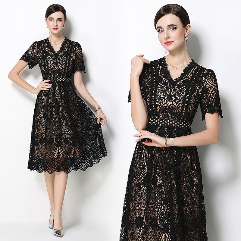 Summer Formal Evening Dress Women Hollow Out Crochet Lace Embroidery Party Long Dresses Female Short Sleeve Midi Dress