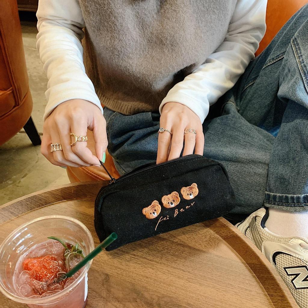 Women Cute Bear Embroidery High Beauty Student Stationery Box Large Capacity Cosmetic Bag