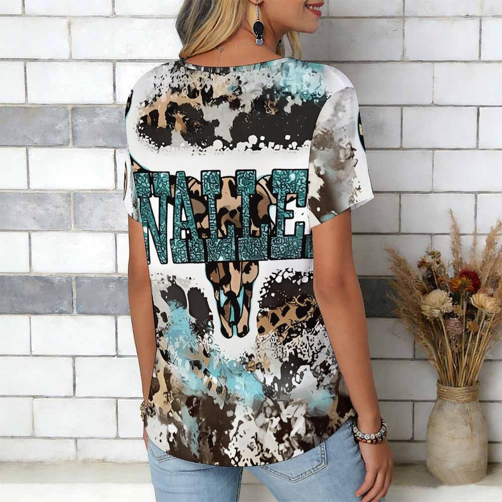 Women Print V Neck Short Sleeve Casual Loose Tunic Tops