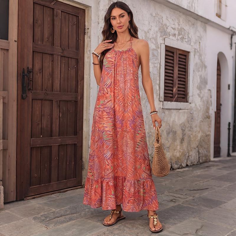 New ethnic resort-style printed halter-neck backless loose-fitting dress S