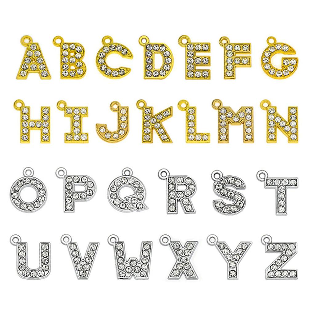 Fashionable Sparkling Stylish Rhinestones Letter Charm Set of 26 Gold Tone Letter Pendants Portable for Jewelry Making