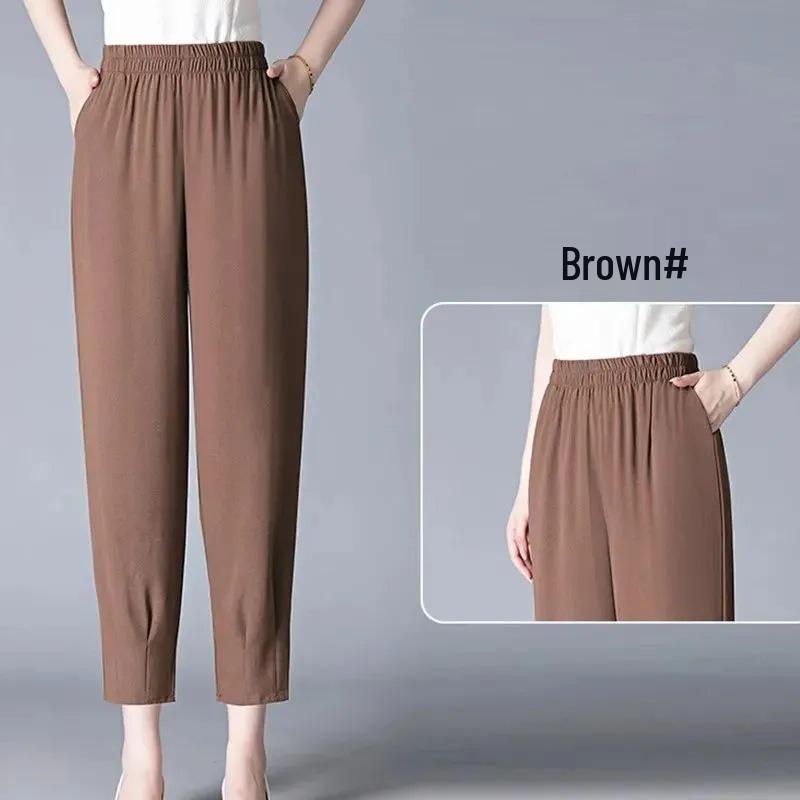 Women's High-Waisted Elastic Ice Silk Summer Trousers - Slimming, Loose Fit for Middle-Aged & Elderly