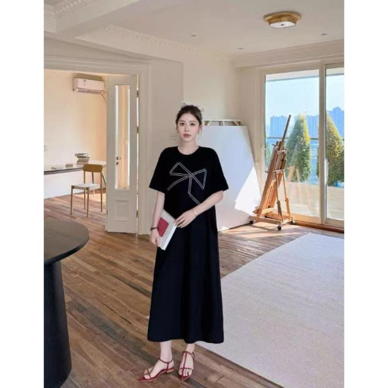 

Printed T-shirt Plus Lengthened Style Knee-length Loose-fitting Slimming Casual Dress 4XL чорний