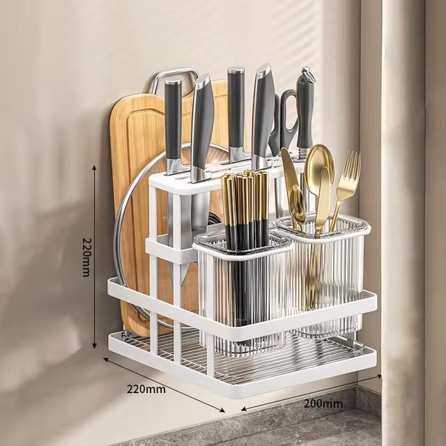 Wall Mounted Kitchen Organizer Knife Rack Cutlery Organizer  Spoon Fork Chopstick Drain With Drain Tray  Board Drain Shelf
