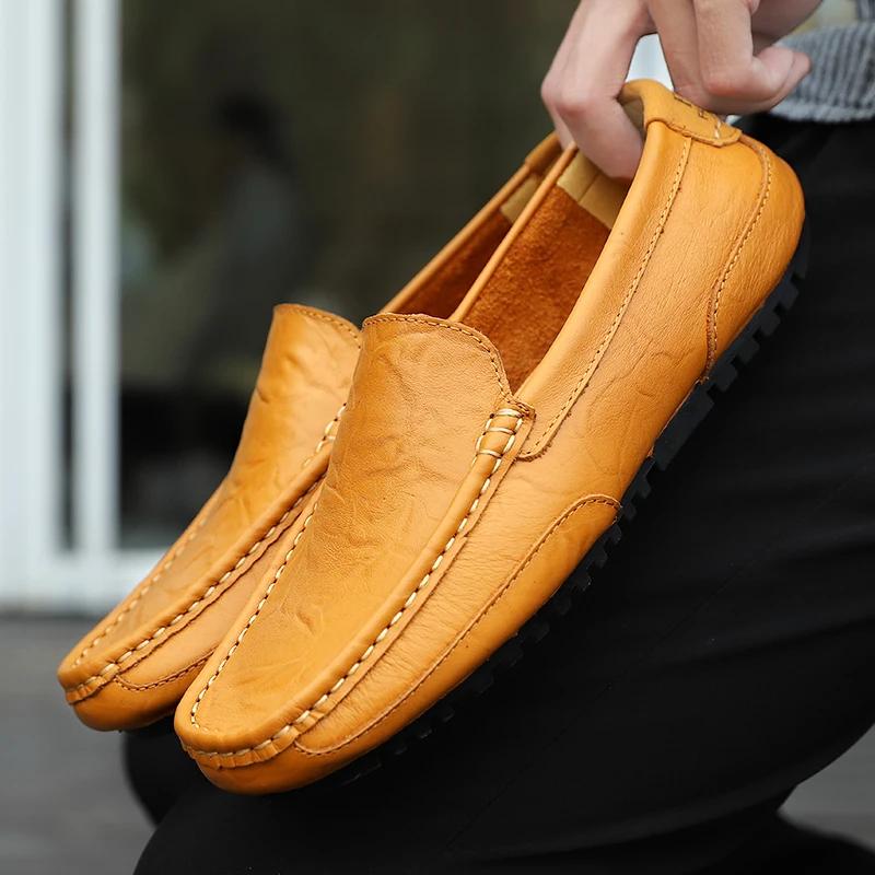 Genuine Leather Men Casual Shoes Soft Luxury Brand Mens Loafers Moccasins Breathable Slip On Black Driving Shoes Plus Size 37-47