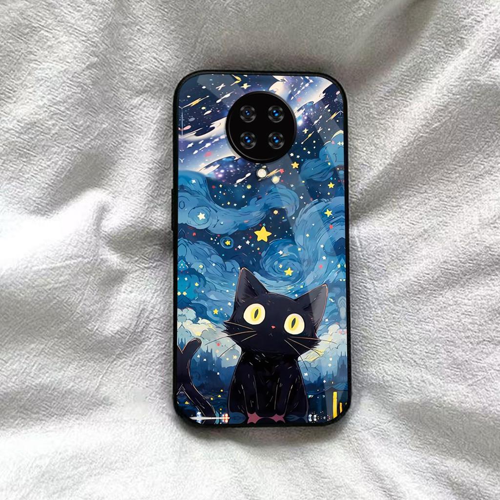 Case for Xiaomi POCO F2 Pro Anime Black Cat Starry Cloud Print Phone Cover Acrylic Hard Back Shell With Flexible TPU Edge
