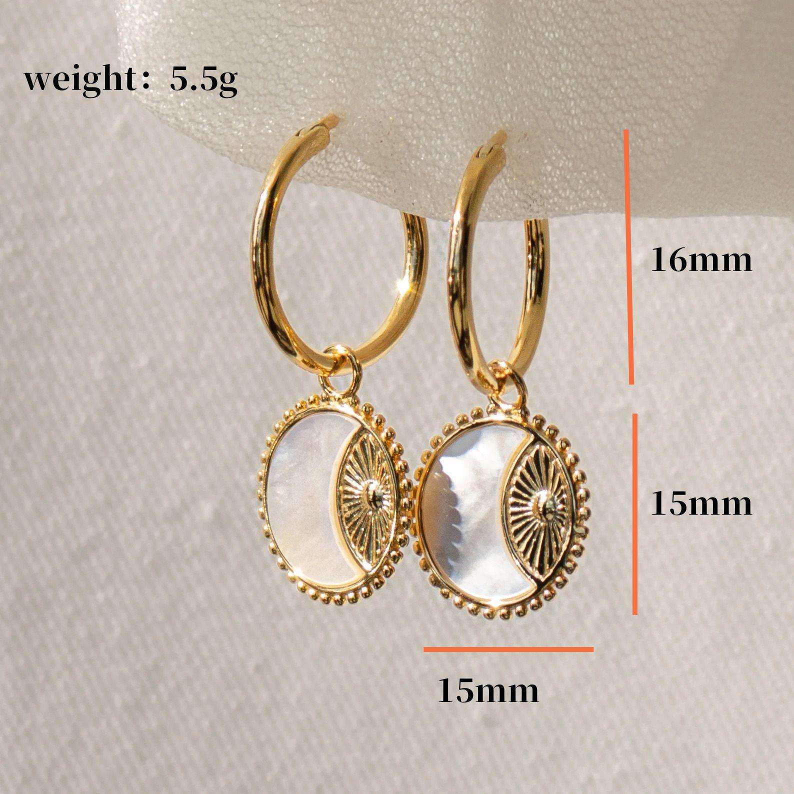 

Retro Natural Shell Sun Moon Round Circle Pendant Necklace for Women Stainless Steel Gold Color Charm Hoops Earring