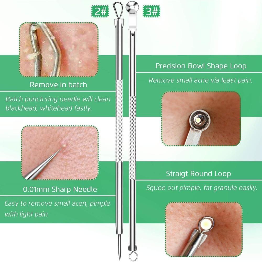 Acne Needle Tool Sets 5 Pcs Stainless Steel Blackhead Remover Pimple Tweezers Extractor Comedone Extractor Tool Blemish Remover Kit with Case