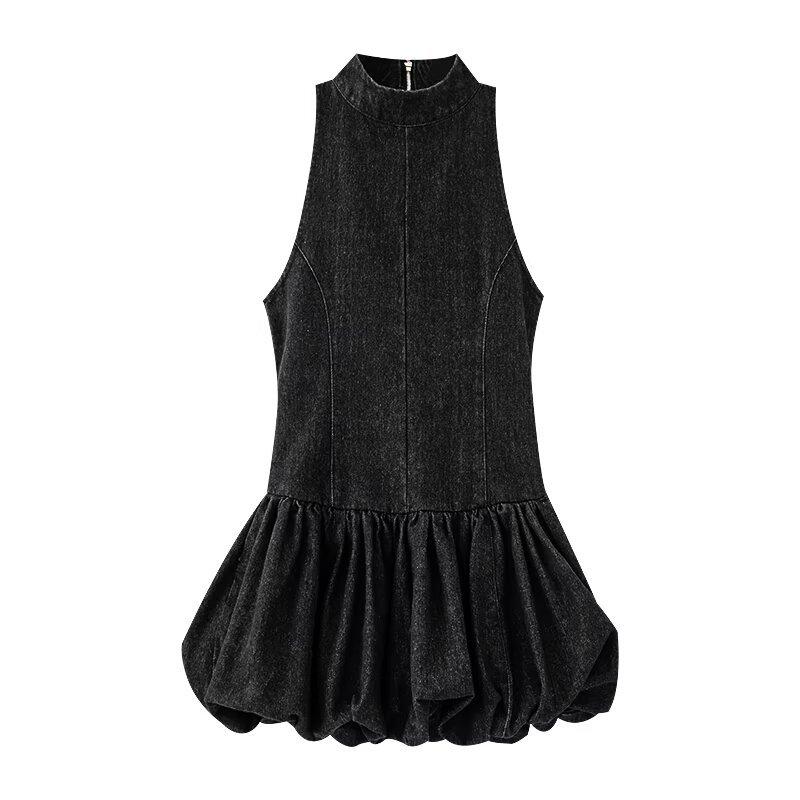Spring and summer small stand-up collar sleeveless neck-hanging denim short skirt women's balloon version denim dress