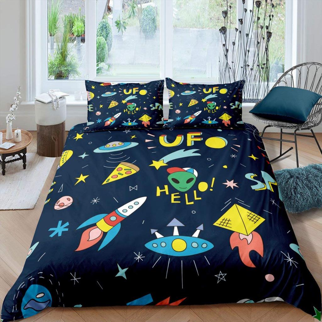 Trippy Alien Duvet Cover Set Queen Alien Skull Bedding Set Psychedelic Space Watercolor Colorful Queen Size Bedspread Alien Gift