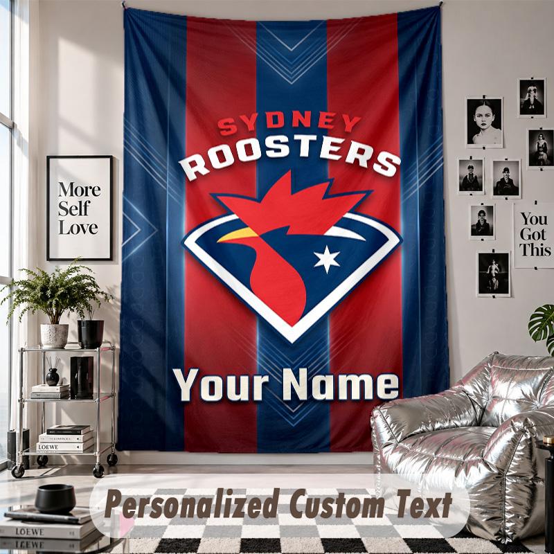 Wall Hanging Tapestry With Custom Name & Text, Sydney Roosters Decorative Tapestry For Bedroom