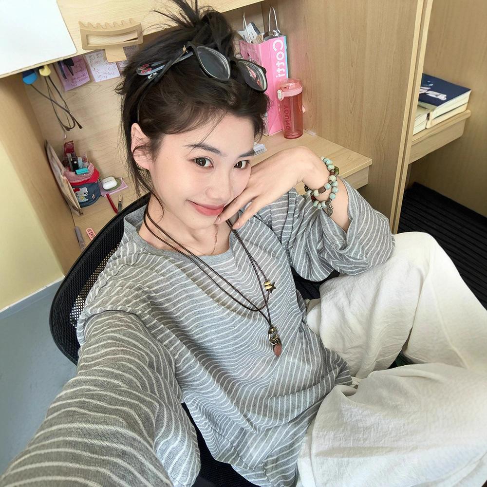Korean striped round neck sunscreen blouse long-sleeved T-shirt women's summer design loose summer relaxation top