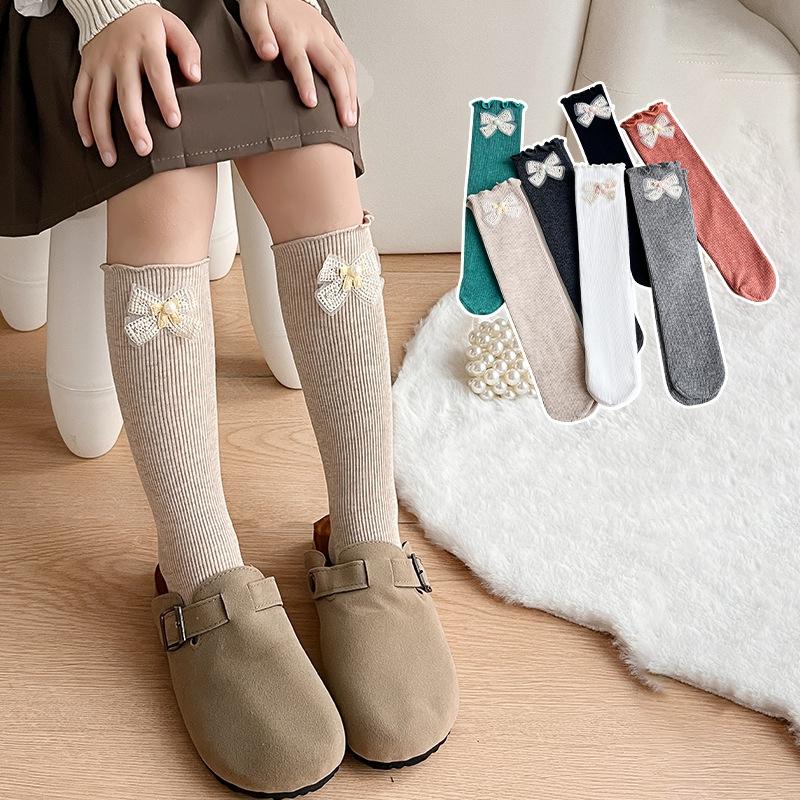 Children's Socks Girls' Solid Medium Long Socks Baby Cotton Comfortable Knee-high Socks With Bows And Lace Trim