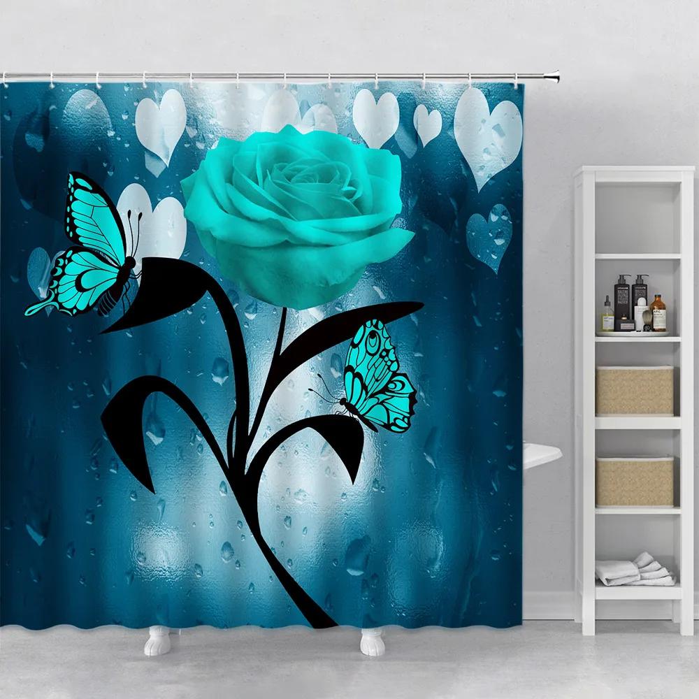Flower Shower Curtain Set Orchid Teal Rose Plant Floral Leaves Print Bathroom Decor Fabric Bath Curtain Bathtub Accessories Hook