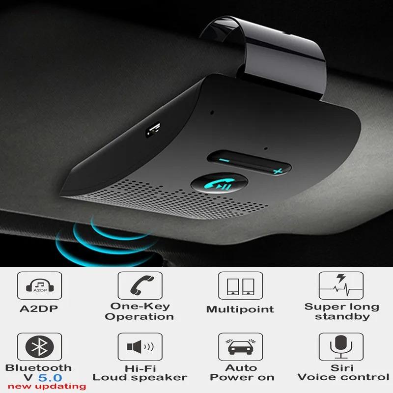 Car Kit Hifi Speaker Bluetooth 5.0 Handsfree 2W Wireless Audio Receiver Noise Cancelling Sun Visor Clip MP3 Music Player