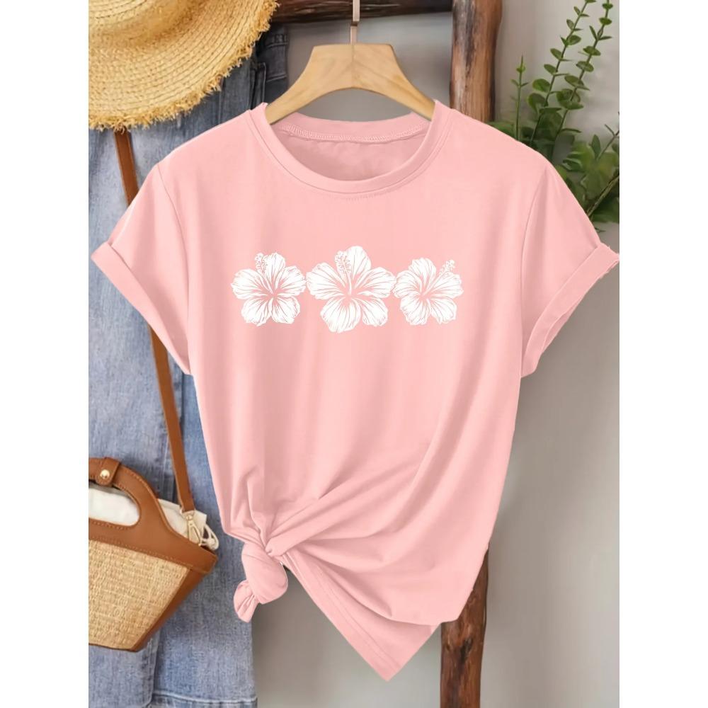 Elegant Short-Sleeved Top for Women Featuring a Hibiscus Flower Print Fashion Kawaii T-shirt Women's Y2K Clothing