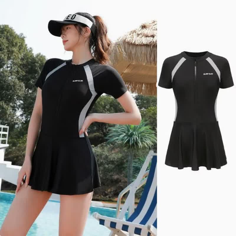 Women s Athletic Short-Sleeve Skirted One-Piece Swimsuit L