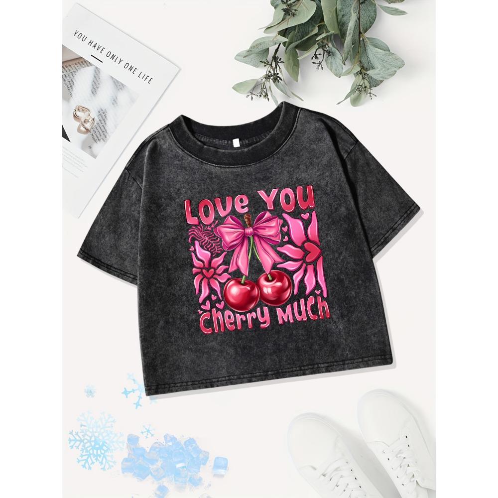 

Summer Cotton Crop Tops Women Love You Cherry Much Printed Washed T-Shirts Fit O-Neck Streetwear Sexy Clothes M