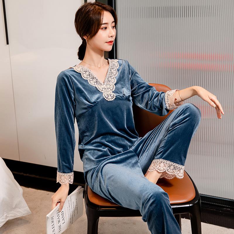 Velvet Pajamas Set Female Long Sleeve Trouser Pijamas Suit Autumn Winter Velour Sleepwear Loose Lace Trim Home Wear Loungewear