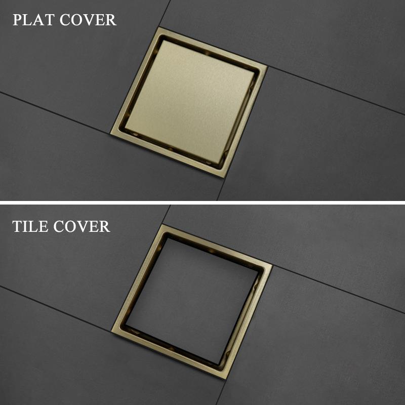 Black SUS304 Stainless Steel Shower Drain Bathroom Floor Drain Tile Insert Square Anti-odor Floor Waste Grates 15CM Brushed Gold