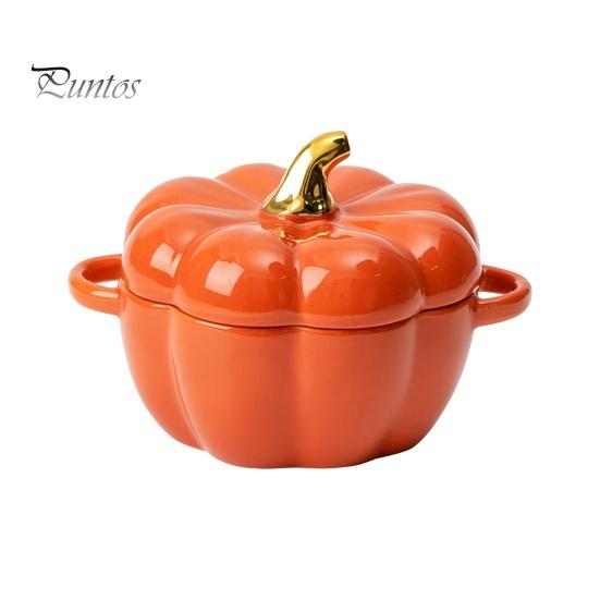 

Тыквенная миска с двойными ручками, штабелируемые керамические тыквенные суповые миски, глянцевый эмалированный контейнер для тыквенных закусок для выпечки, сервировки, подарка на Хэллоуин оранжевый