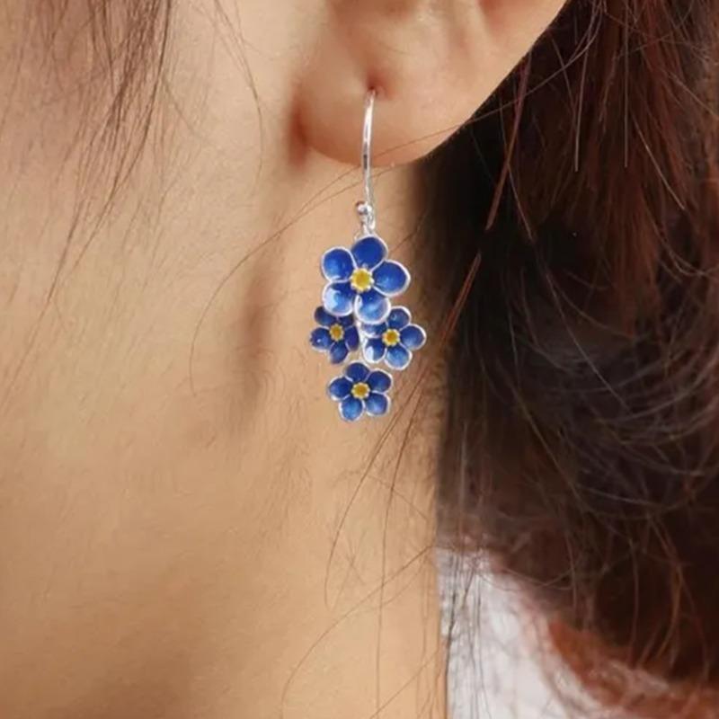Elegant Bohemian Blue Flower Pendant Earrings for Women, Exquisite Daily Wear, New Year, Christmas, Holiday Jewelry Gifts