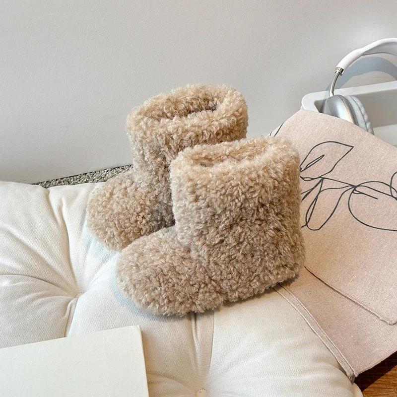 Luxury Thick Teddy Fur Boots Baby Girl Fluffy Warm Plush Booties Toddler Child Winter Brand Design Round Toe Slip-on Cotton Shoe