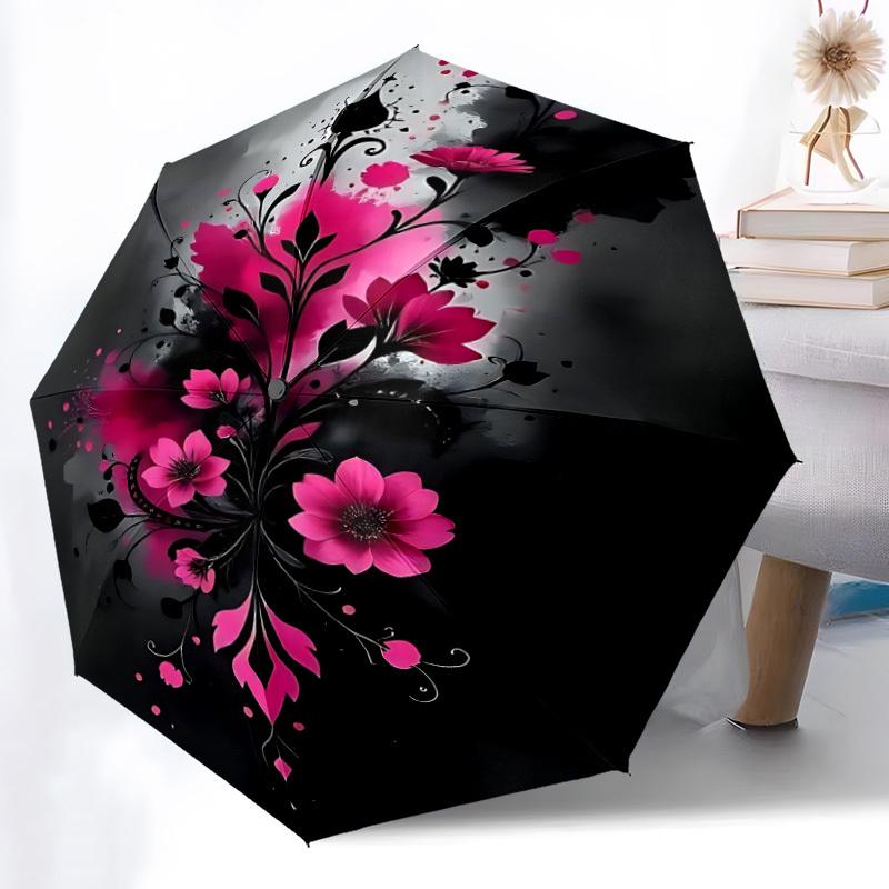1pc Floral Abstract Dark Automatic Folding Umbrella - Design, Durable Iron Frame for Travel, Outdoor, Beach Fashion Accessory a0920010