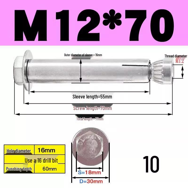 Stainless Steel Expansion Screw: Hexagonal Head with Internal Expansion (304/201), Sizes M6, M8, M10, M12.