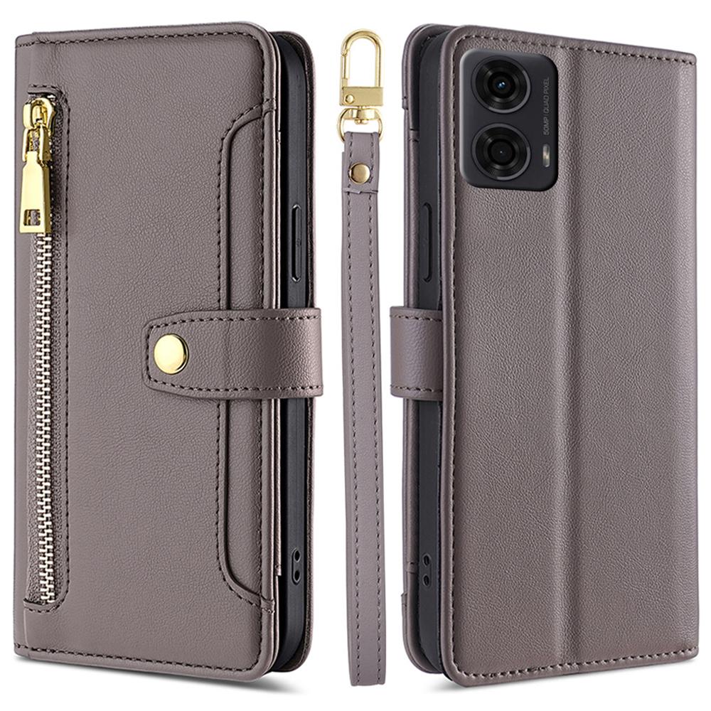 For Motorola Moto E14 4G/G04 4G/G04s 4G/G24 4G Leather Case Zipper Wallet Phone Cover with Shoulder Strap