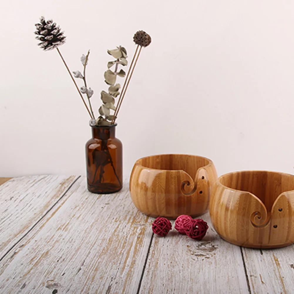 With Handmade Holes Woolen Knitting Storage Basket Wooden Yarn Bowl Wool Holder Organizer Knitting Crochet Weaving Tools