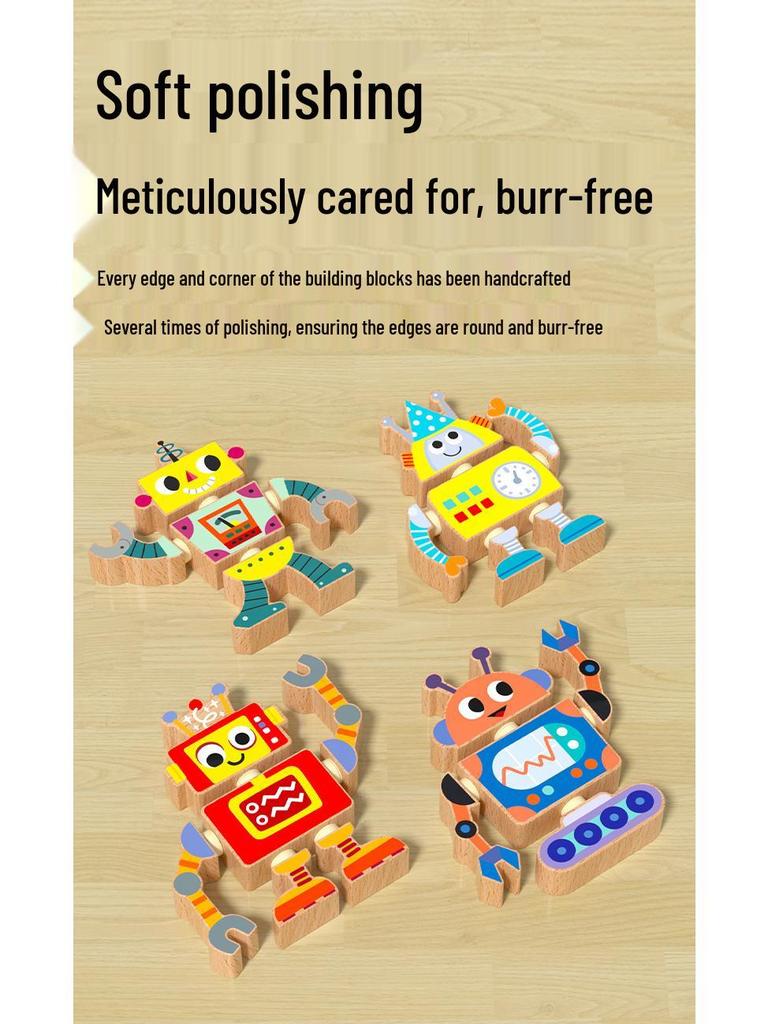 Creative DIY Wooden Robot Assembly Kit - Educational 3D Cartoon Toy