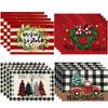 Buffalo Plaid Merry Christmas Placemats Heat Insulation Stain-Resistant Square Linen Table Mats for Dining Table Decoration