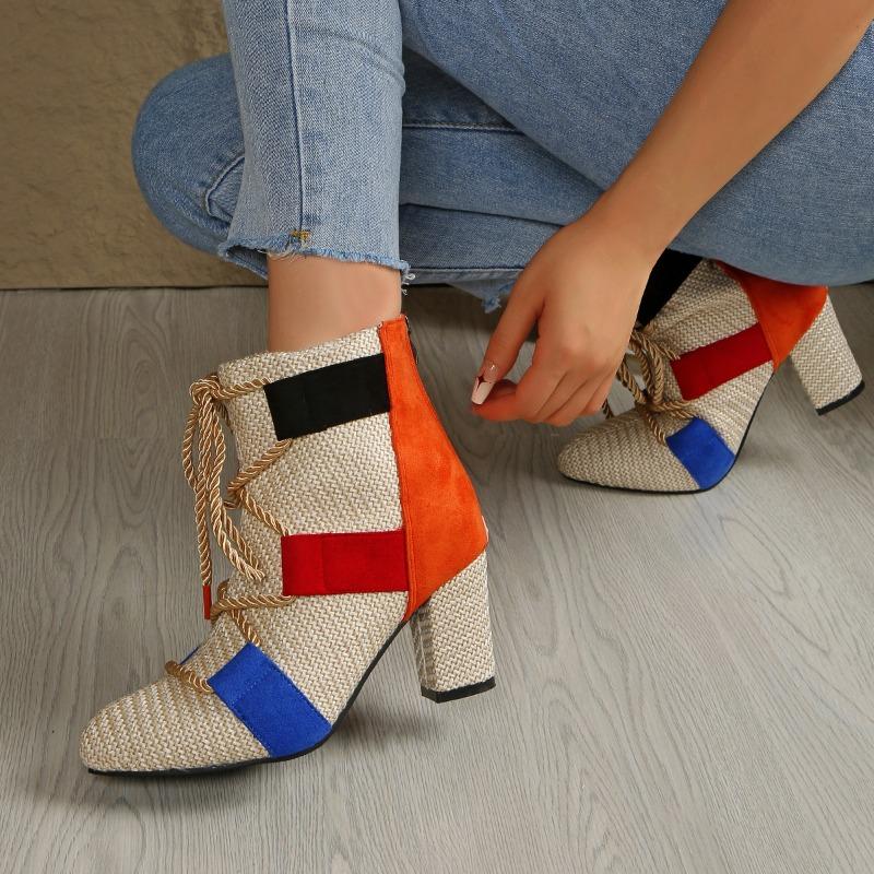 2025 New Ladies Shoes Front Lace-up Women's Boots Fashion Color Matching Dress Boots Women Autumn Plus Size Heeled Ankle Boots
