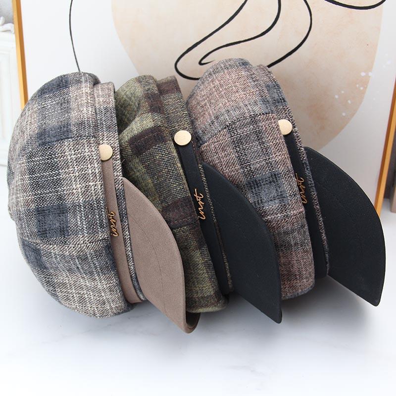 Retro plaid octagonal hat women's autumn and winter woolen splicing newsboy hat short brim painter hat versatile face hat