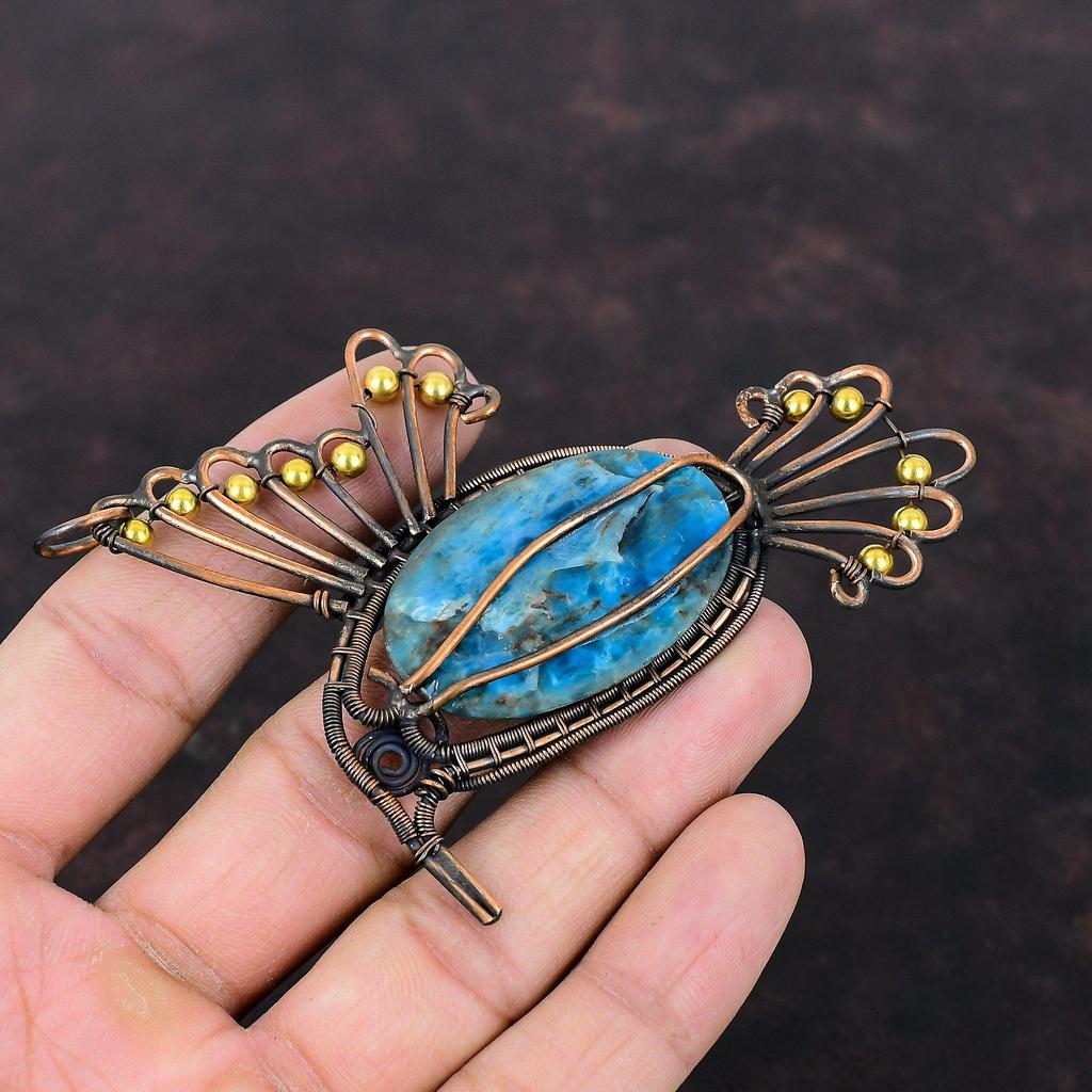 Pandantiv Apatit Neon Pandantiv Înfășurat în Sârmă de Cupru Pandantiv Făcut Manual Bijuterii Frumoase din Cupru Pandantiv Delicat cu Pasăre Bijuterii cu Pietre Prețioase Cadou Pentru El