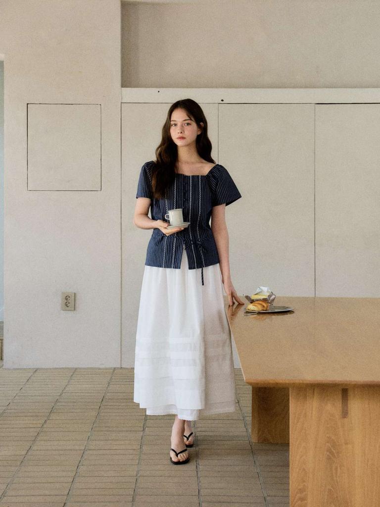 Endeopobeu Cotton Flare Lace Pintuck Long Skirt _ White
