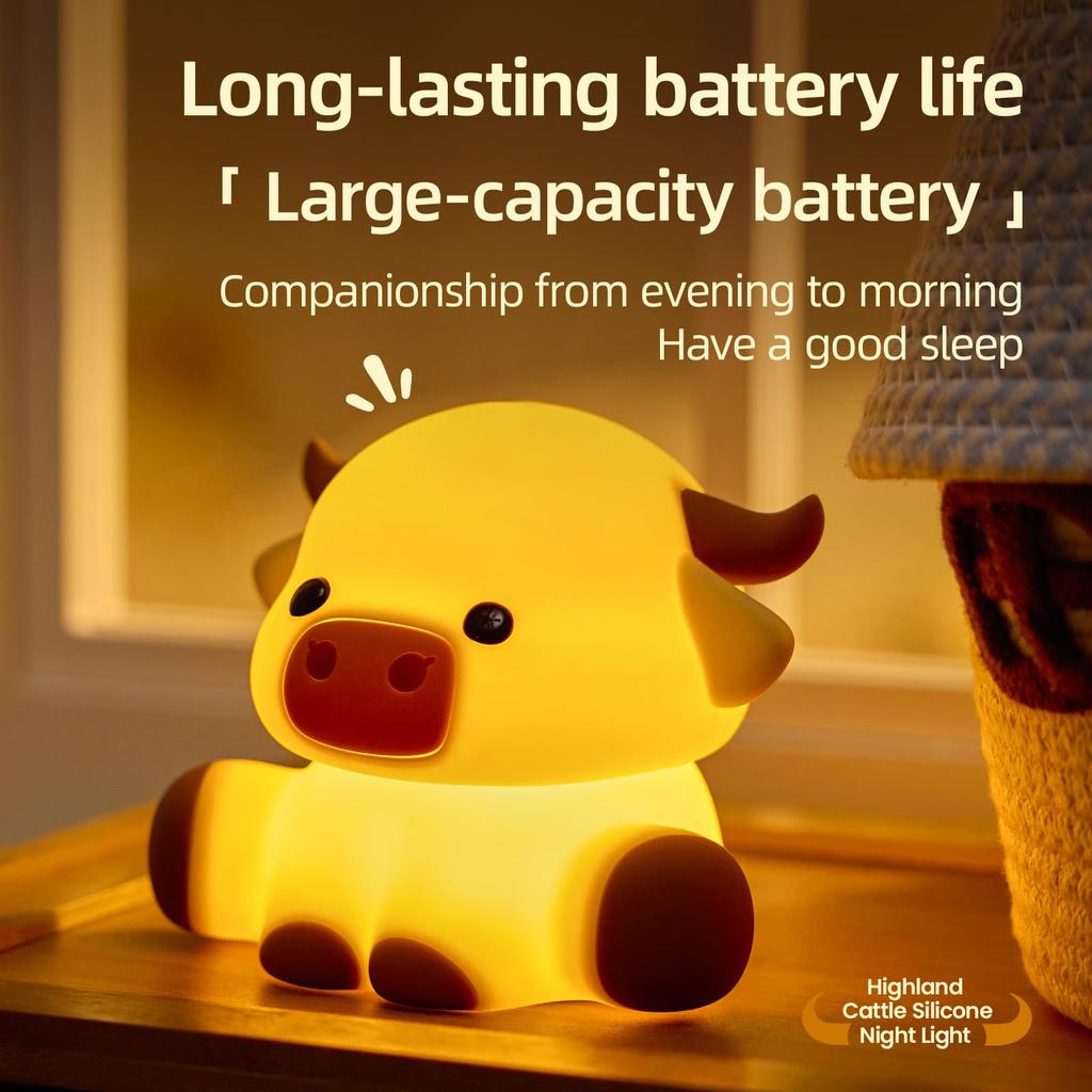 Cute Highland Cow Squishy Night Light W/ Dimmable Timer Cartoon Soft Animal Bedside Lamp Gift for Boys Girls Childs Table Decor