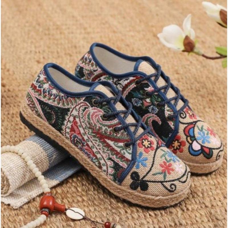 Fashion Women Shoes  Round Head Cotton Linen Canvas Single National Woven Round Toe Lace Up Cloth Shoes Woman Flats Size 35-40