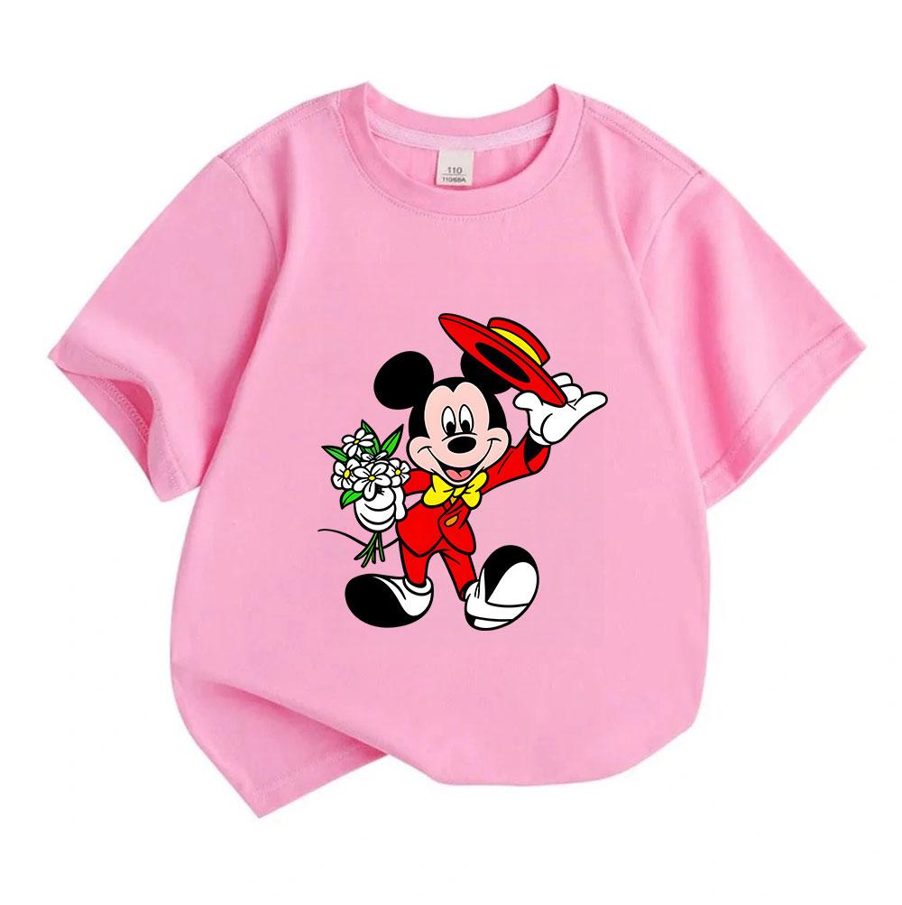 Kids Boys Girls 100% Cotton Crew Neck Short Sleeve T-Shirt, Cartoon Cute Mouse Holding Flowers Taking Hat Off Graphic Casual Soft Breathable Tee for D