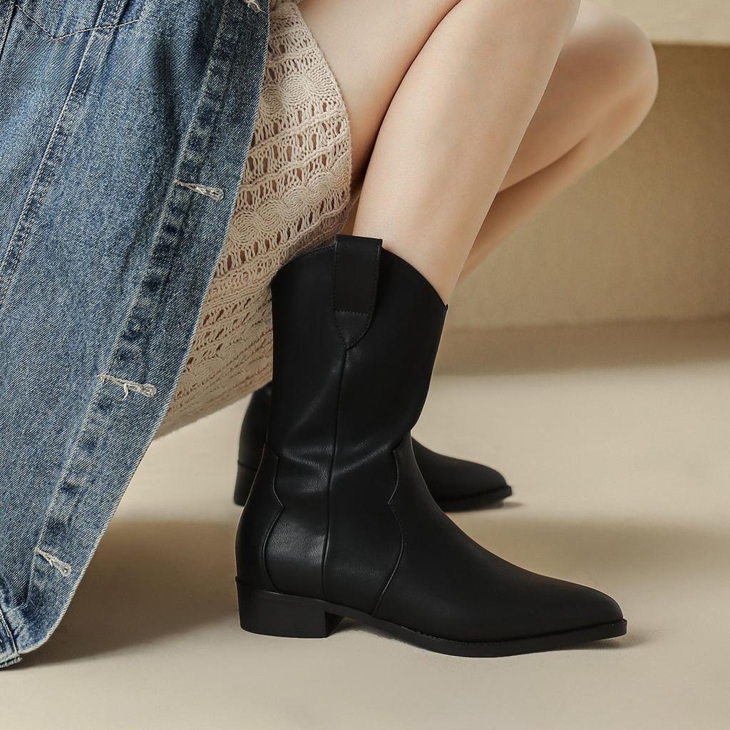 Mode Damen Mid-Calf Schuhe Elegant mit niedrigen Absätzen Spitzleder Braun Damen Halbstiefel Schick Bequem im Angebot Heiß