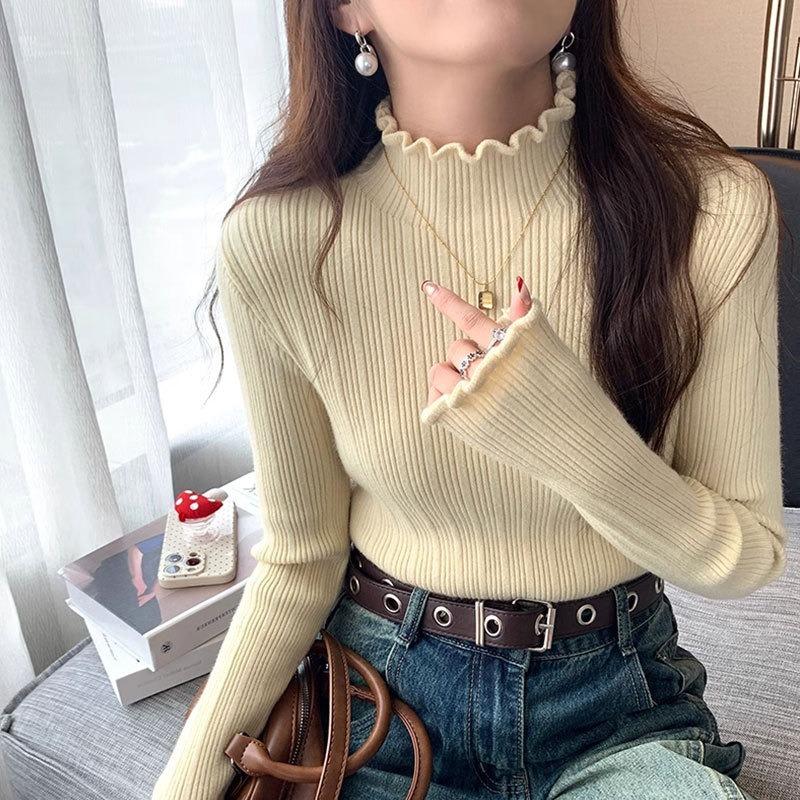 Super good-looking fungus edge bottoming shirt women's autumn and winter with white knitted sweater semi-turtleneck sweater