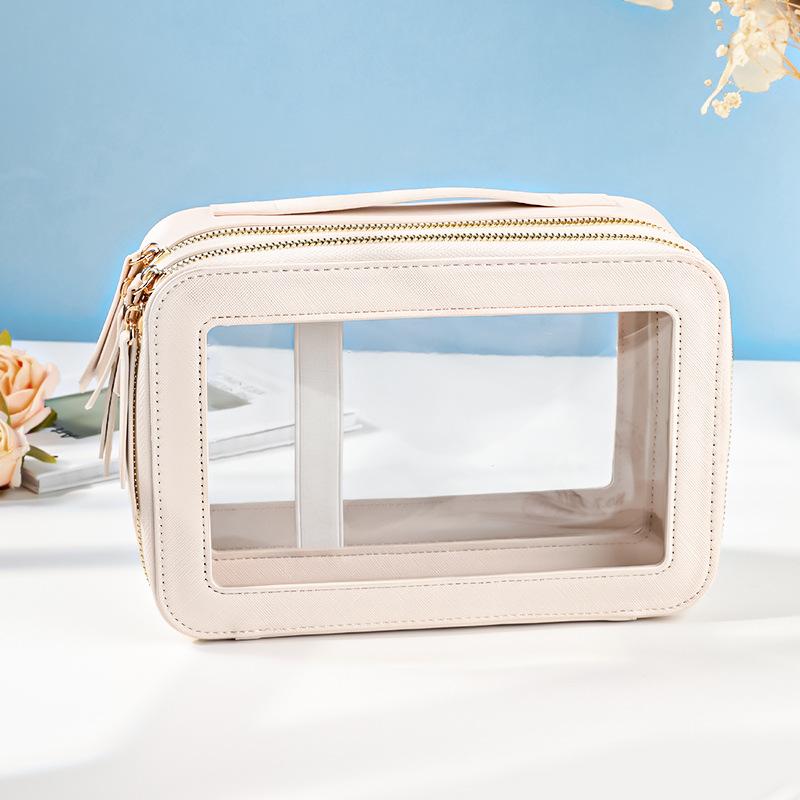 

Travel Transparent PVC Double Layer Waterproof PU Leather Cosmetic Bag Beige